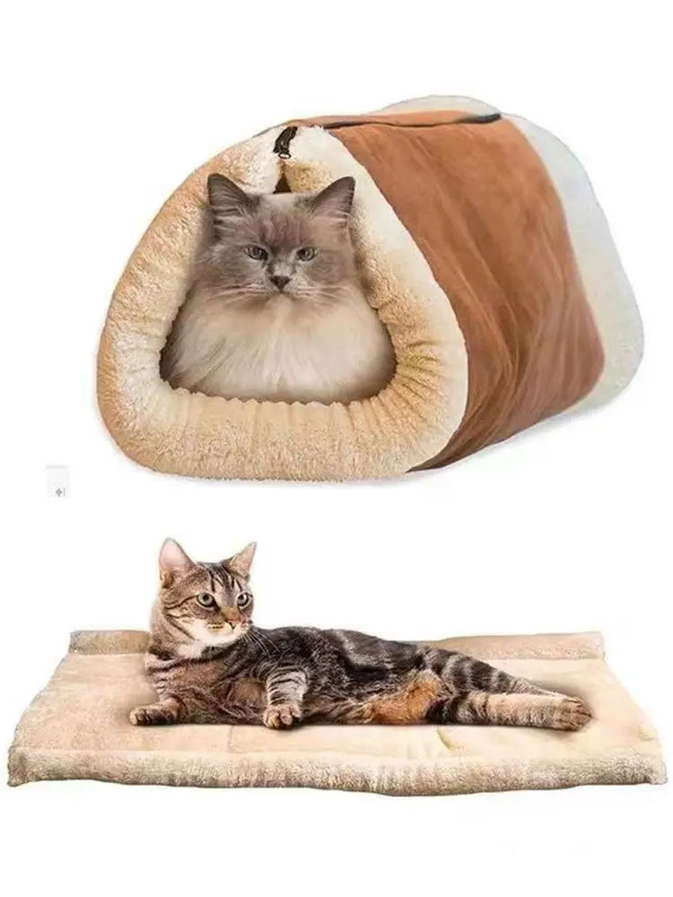2-in-1 Fleece Cat Tunnel Bed & Folding Mat — Cave, Tunnel & Travel Mat