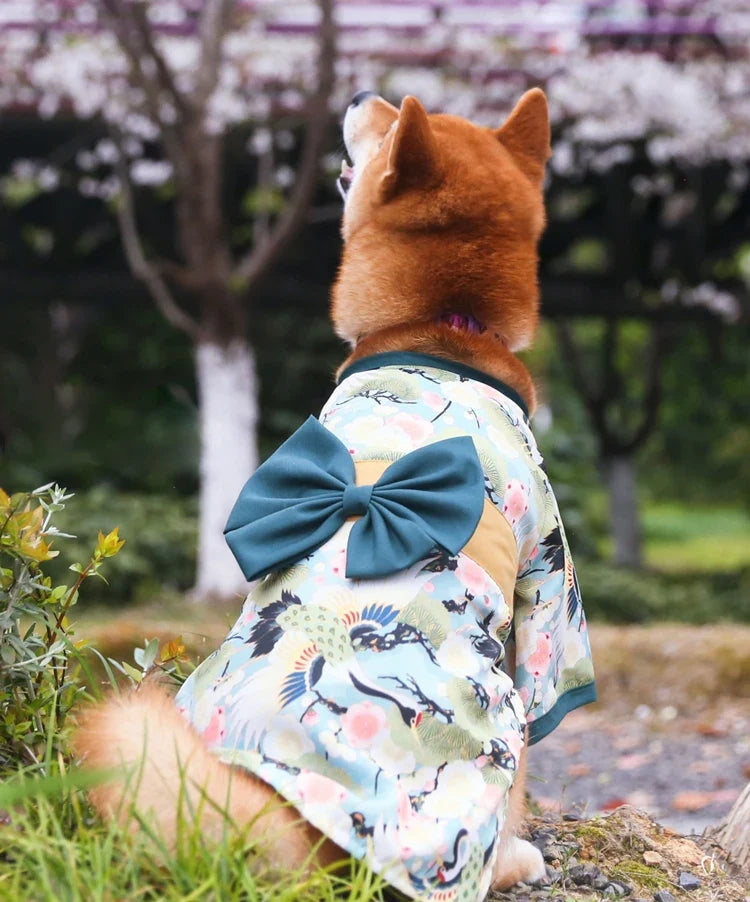 Japanese Kimono Pet Jacket with Crane & Cherry Blossom Pattern for Dogs & Cats