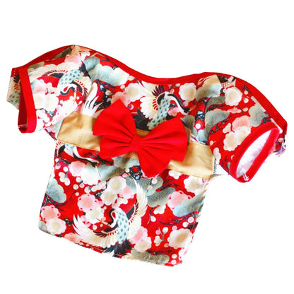 Japanese Kimono Pet Jacket with Crane & Cherry Blossom Pattern for Dogs & Cats
