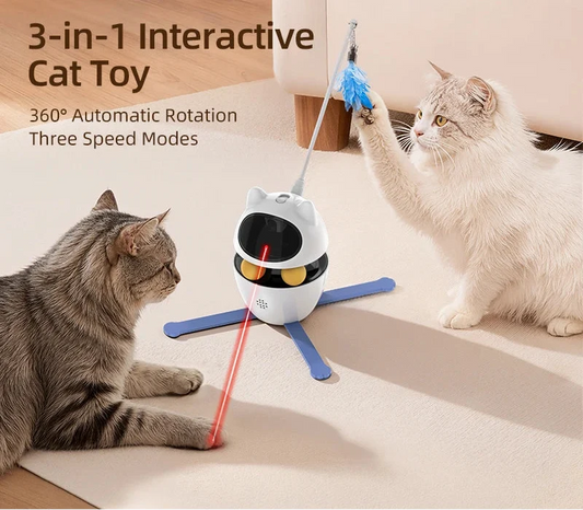 3-in-1 Smart Cat Toy with 360° Laser & 3 Replacement Feather Teasers