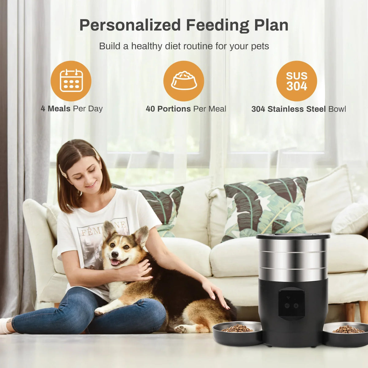 4.5L Smart WiFi Pet Feeder with Dual Stainless Steel Bowls - Automatic Food Dispenser for Cats & Dogs