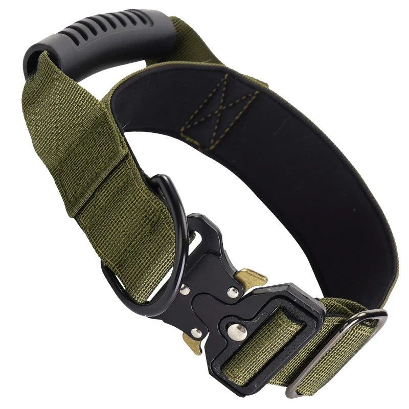 Heavy Duty Tactical Dog Collar with Handle — Metal Buckle Training Collar for Medium & Large Dogs