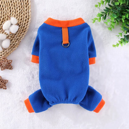 Fleece Dog Jumpsuit Hoodie with Leash Ring — Warm Winter Coat for Dogs & Cats