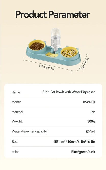 3-in-1 Pet Bowl Set with Automatic Water Dispenser and Dual Feeding System