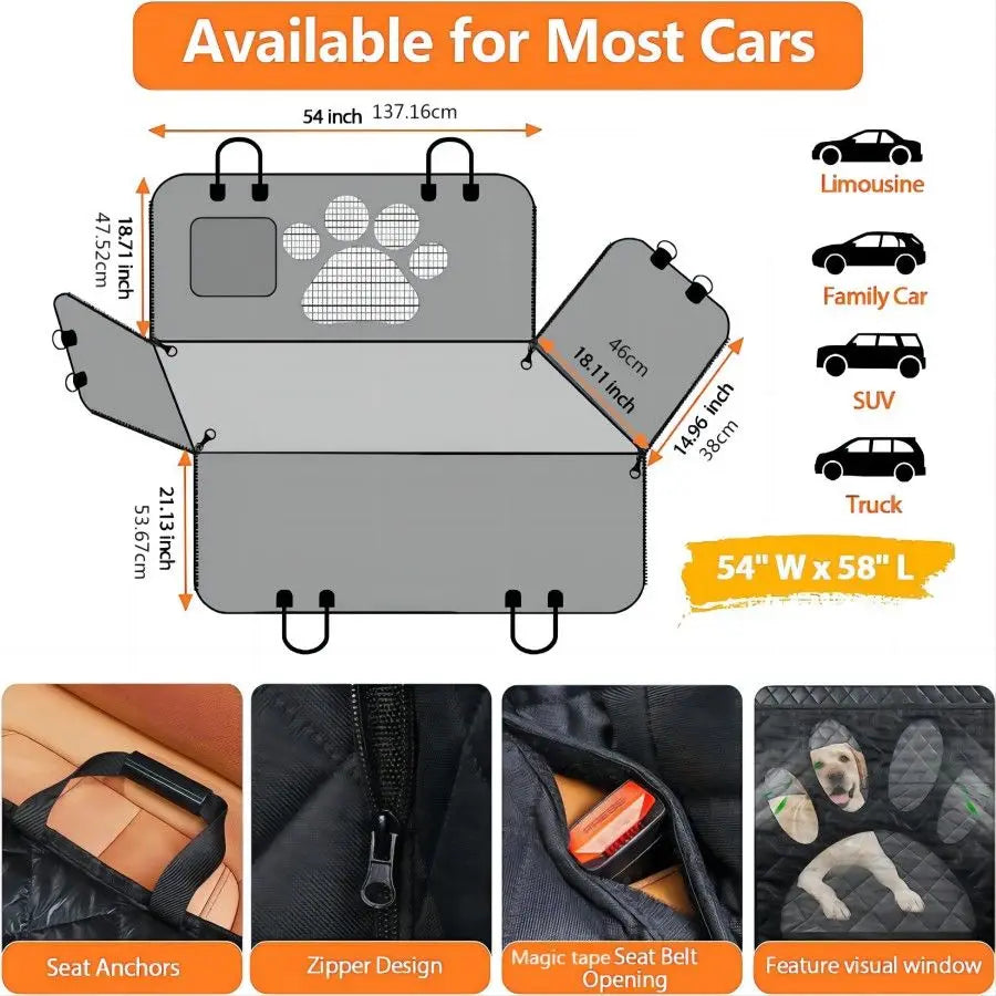 Dog Car Hammock Seat Cover | 100% Waterproof with Mesh Window, Side Zipper & Door Protector