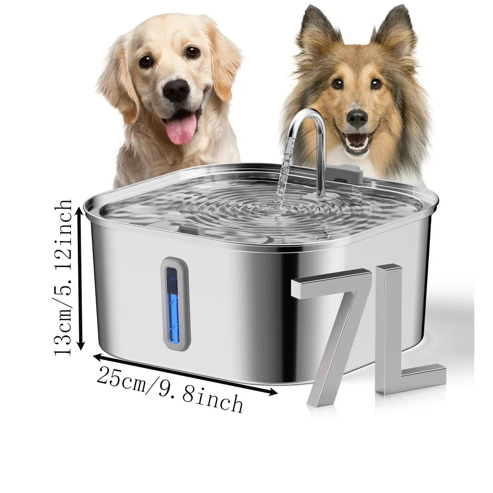 Large Pet Water Fountain - 7L Stainless Steel Automatic Dispenser with Silent Operation