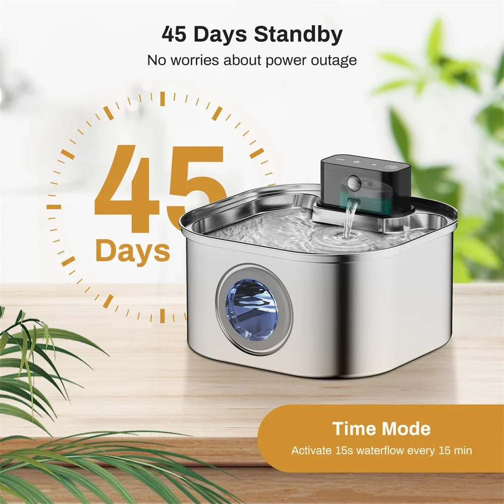3.2L Stainless Steel Pet Water Fountain — Wireless Charging, Auto Induction & Cycle Filter