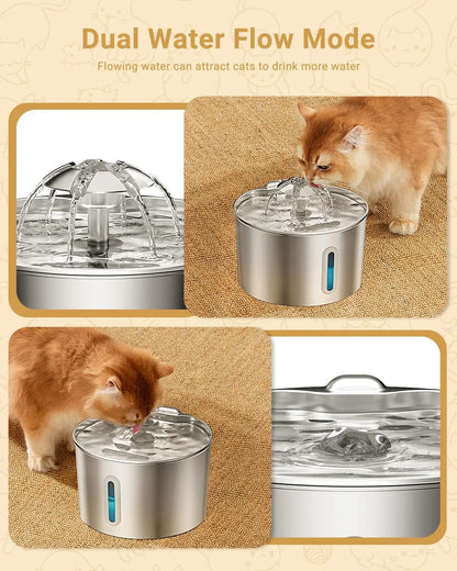 2.2L Stainless Steel Pet Water Fountain — Dual Outlet Mode & Flower Fountain Design