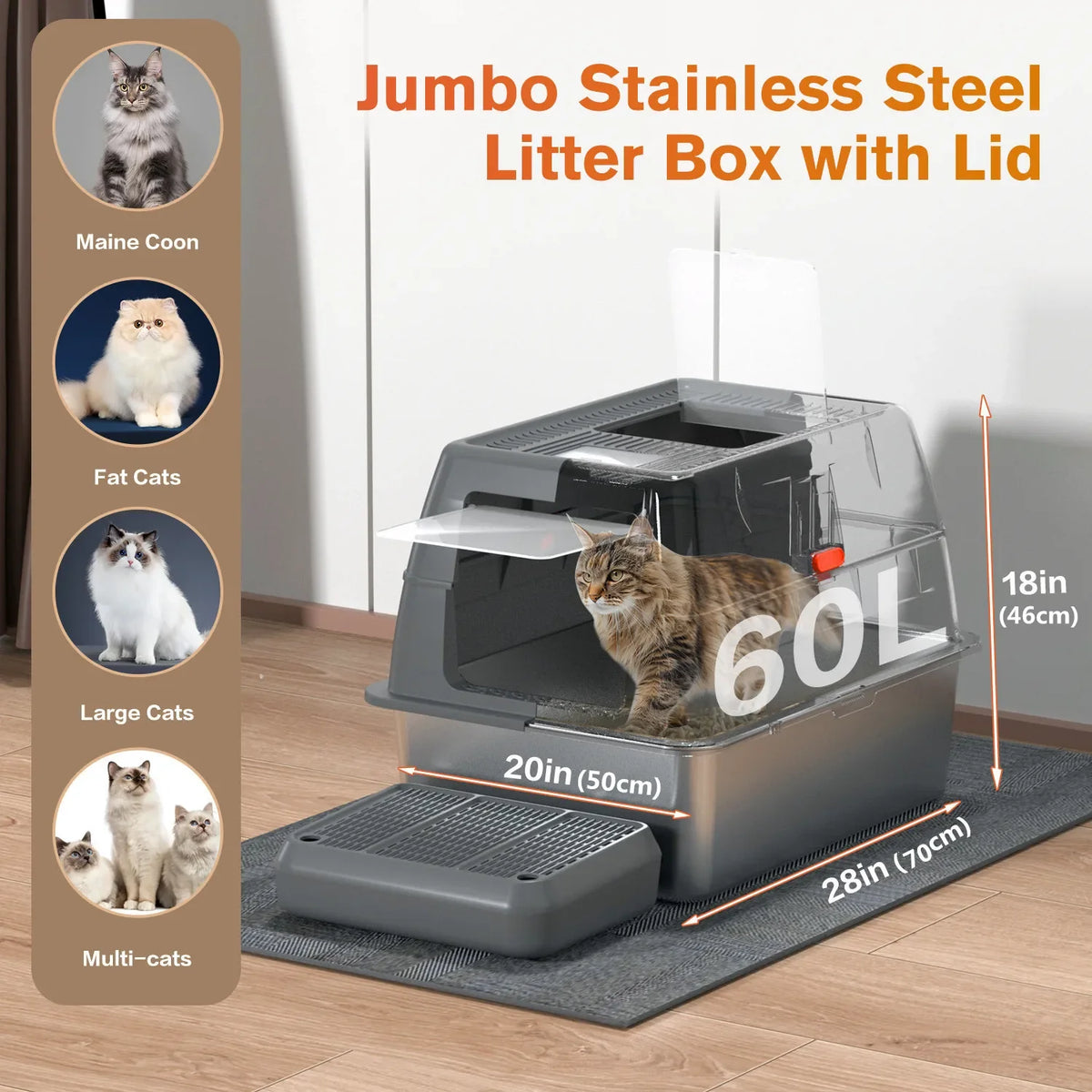 Extra Large Enclosed Stainless Steel Cat Litter Box with Lid