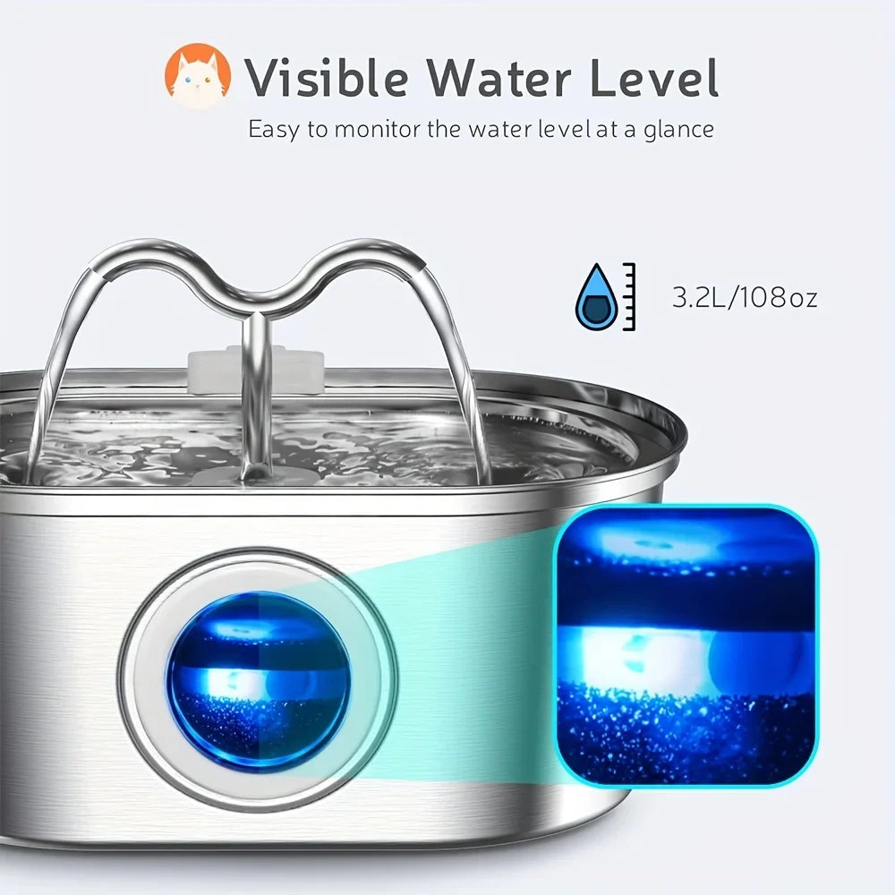3.2L Stainless Steel Smart Pet Water Fountain with Visual Water Level Window