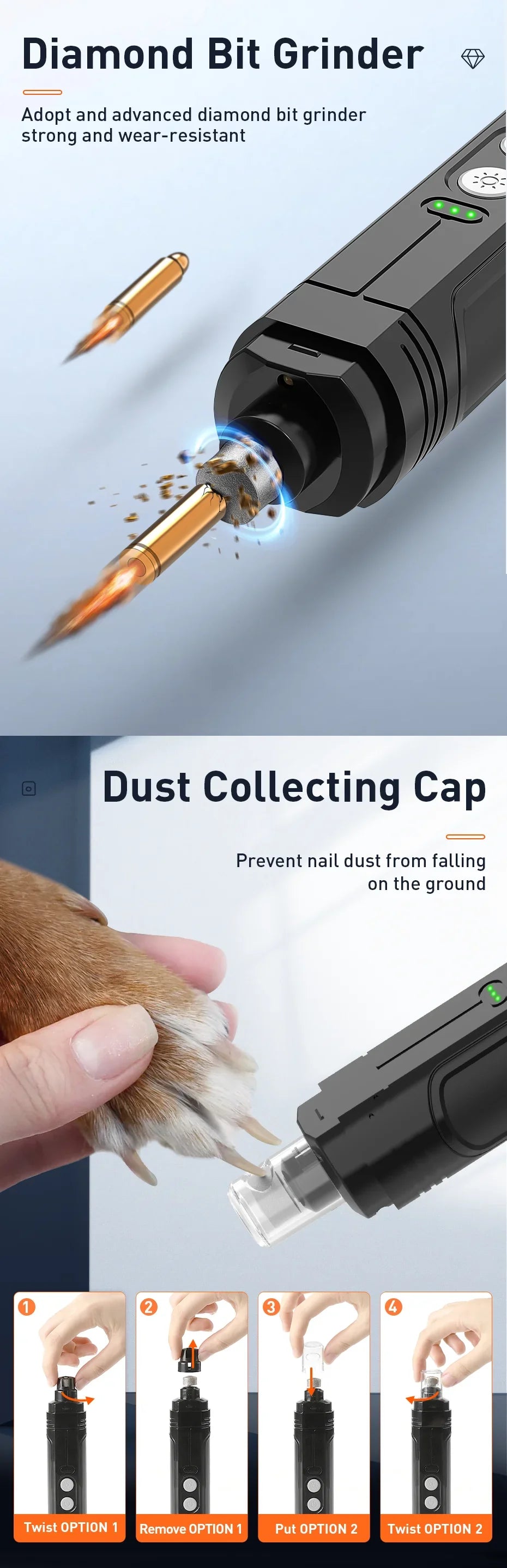 Professional Electric Pet Nail Grinder with Dual LED Lights and Rechargeable Battery