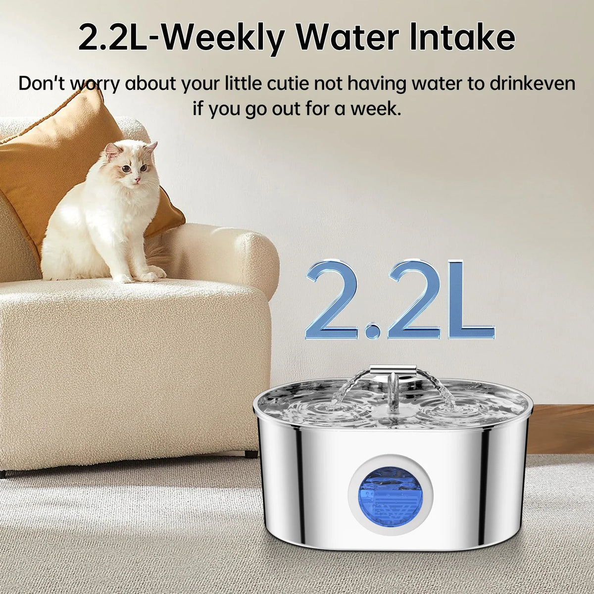 2.2L Stainless Steel Pet Water Fountain – Dual Outlet with Water Level Window
