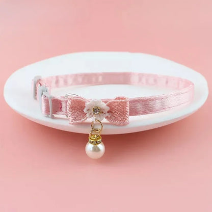 Pink Lace Bow Pet Collar with Bell for Cats and Small Dogs