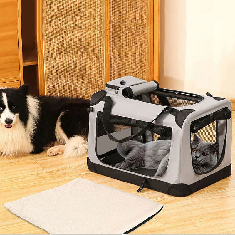 Foldable Soft Pet Crate & Travel Carrier with Mat — 3 Doors