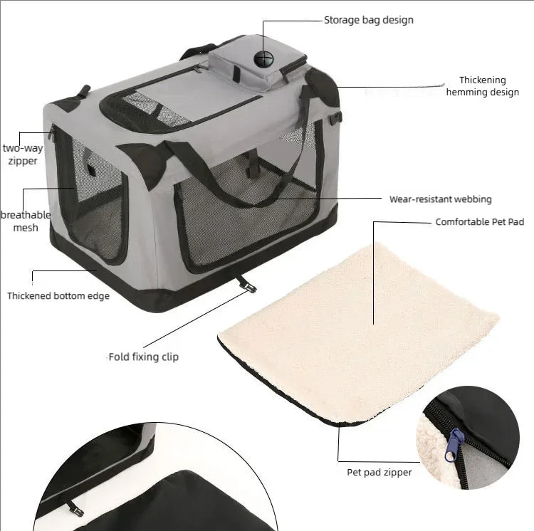 Foldable Soft Pet Crate & Travel Carrier with Mat — 3 Doors