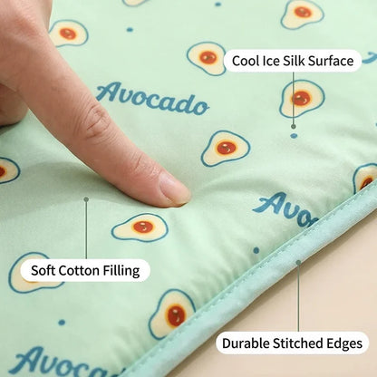 Ice Silk Cooling Mat for Dogs & Cats — Non-Slip, Washable with Integrated Pillow & Cute Print