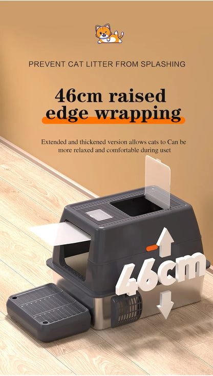 Extra Large Enclosed Stainless Steel Cat Litter Box with Lid