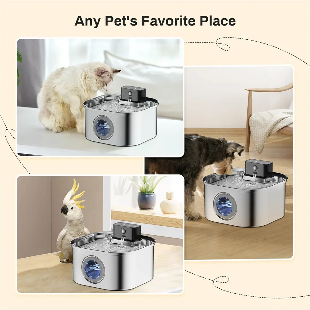 Wireless Charging Pet Water Fountain with Sensor - 3.2L Stainless Steel