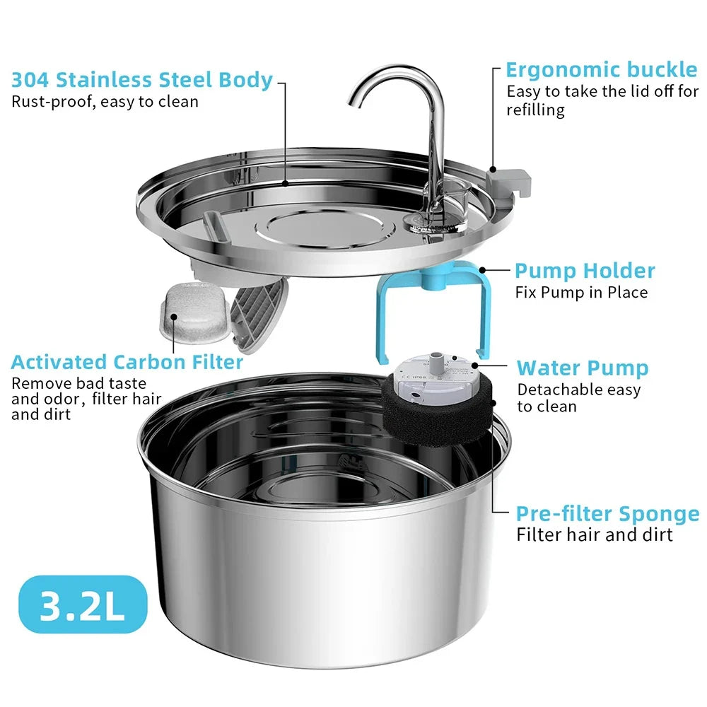 USB Electric Pet Water Fountain - Stainless Steel Silent Filter Fountain