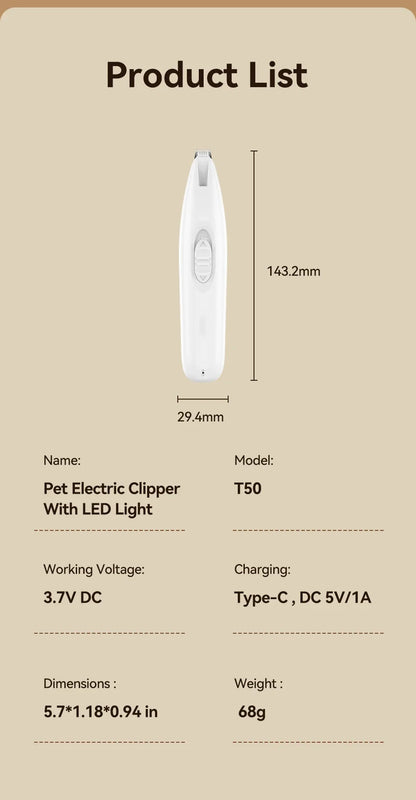 Professional Electric Pet Clipper with LED Light and Rechargeable Battery