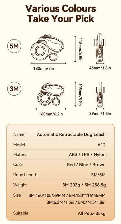 Automatic Retractable Dog Leash - Extendable Walking Lead for Small to Large Dogs