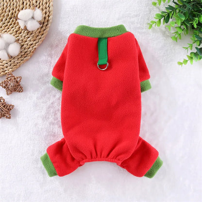 Fleece Dog Jumpsuit Hoodie with Leash Ring — Warm Winter Coat for Dogs & Cats
