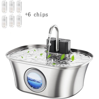 3.2L Stainless Steel Pet Water Fountain – Wireless Charging with Water Level Window