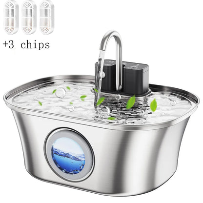 3.2L Stainless Steel Pet Water Fountain – Wireless Charging with Water Level Window