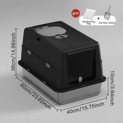 Enclosed Stainless Steel Cat Litter Box with Flip Cover & Non-Slip Mat