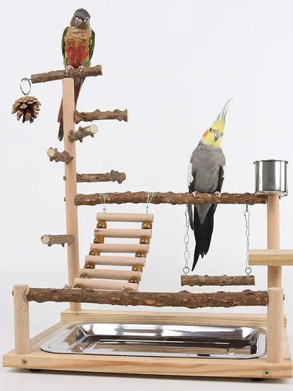 Natural Wood Parrot Climbing Frame with Swing, Ladder & Suspension Bridge