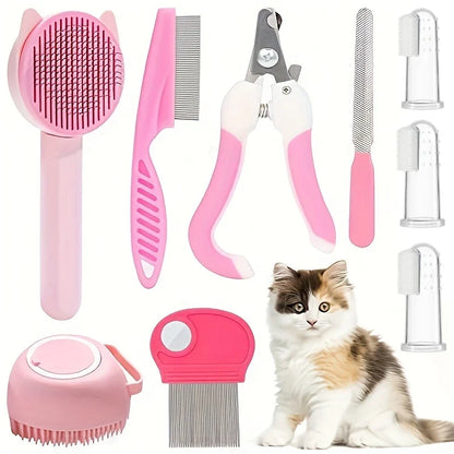 8-Piece Pet Grooming Kit — Self-Cleaning Brush, Nail Clippers, Flea Comb & Bath Brush for Cats & Dogs