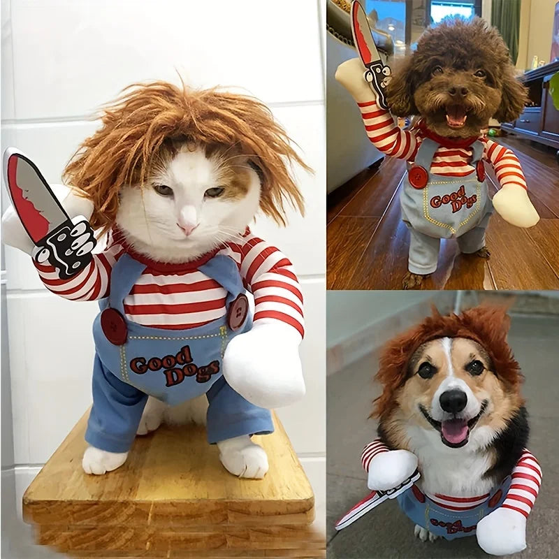 Halloween Bloody Doll Dog Costume with Wig