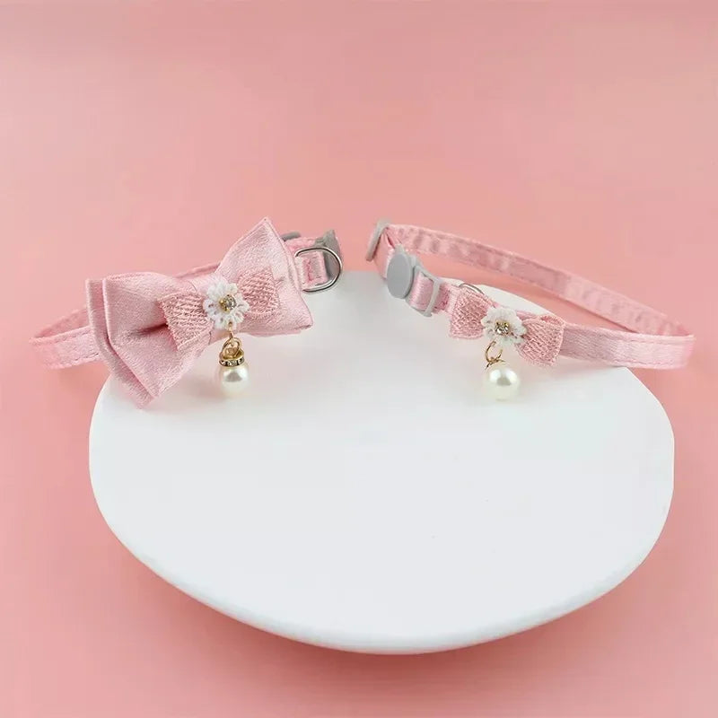 Pink Lace Bow Pet Collar with Bell for Cats and Small Dogs