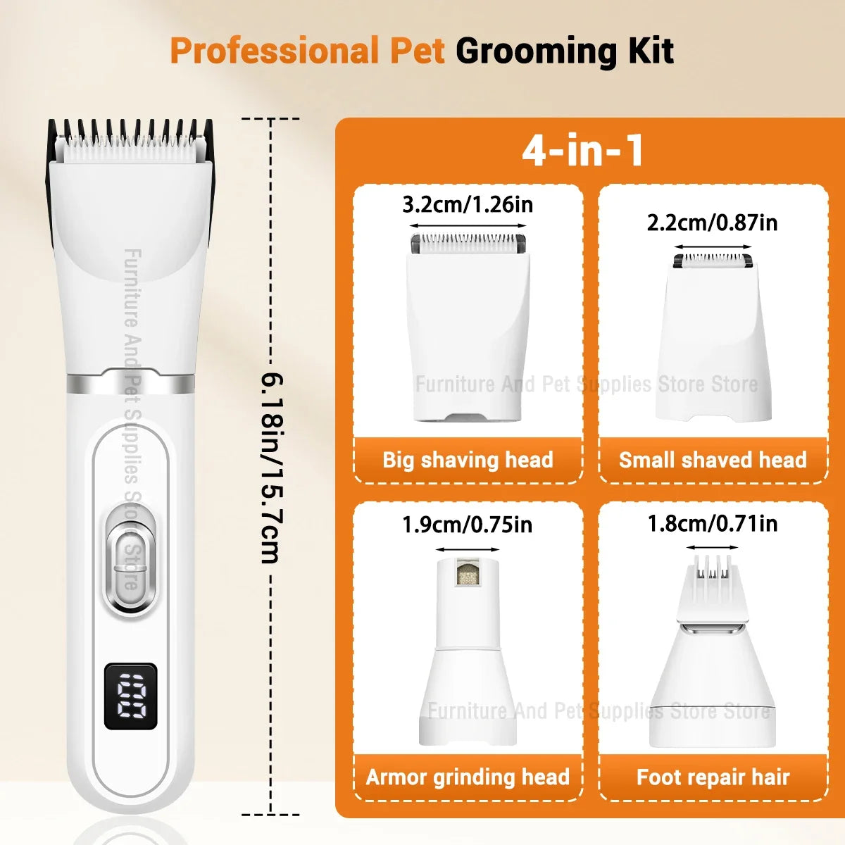 4-in-1 Cordless Pet Grooming Set with 4 Blades — Low Noise Rechargeable Clipper