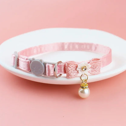 Pink Lace Bow Pet Collar with Bell for Cats and Small Dogs