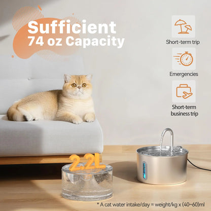 2.2L Stainless Steel Cat Water Fountain — Artesian Flow, Ultra-Quiet Pump & Filter