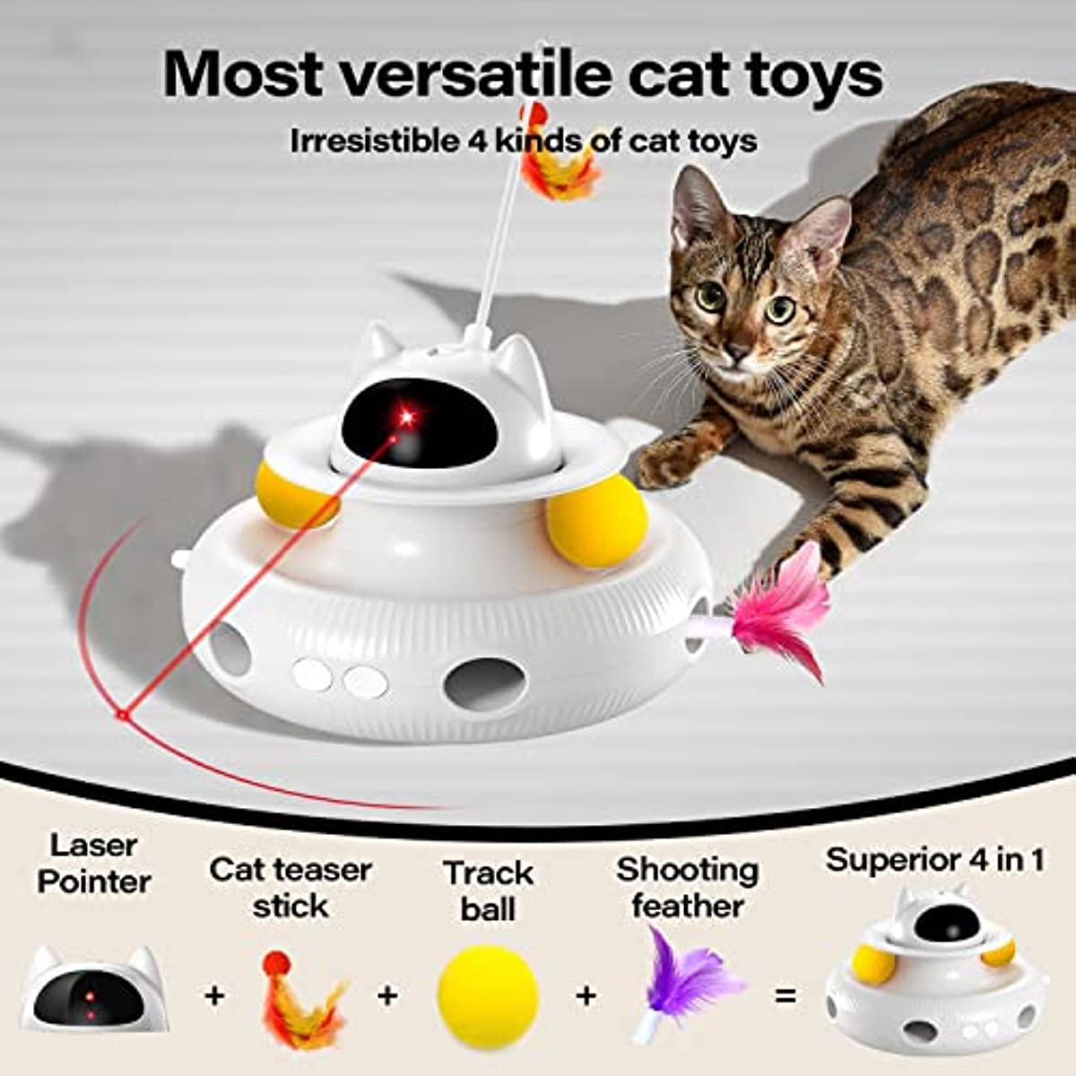 4-in-1 USB Rechargeable Interactive Cat Toy with Feather Wand & Ball
