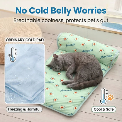 Ice Silk Cooling Mat for Dogs & Cats — Non-Slip, Washable with Integrated Pillow & Cute Print