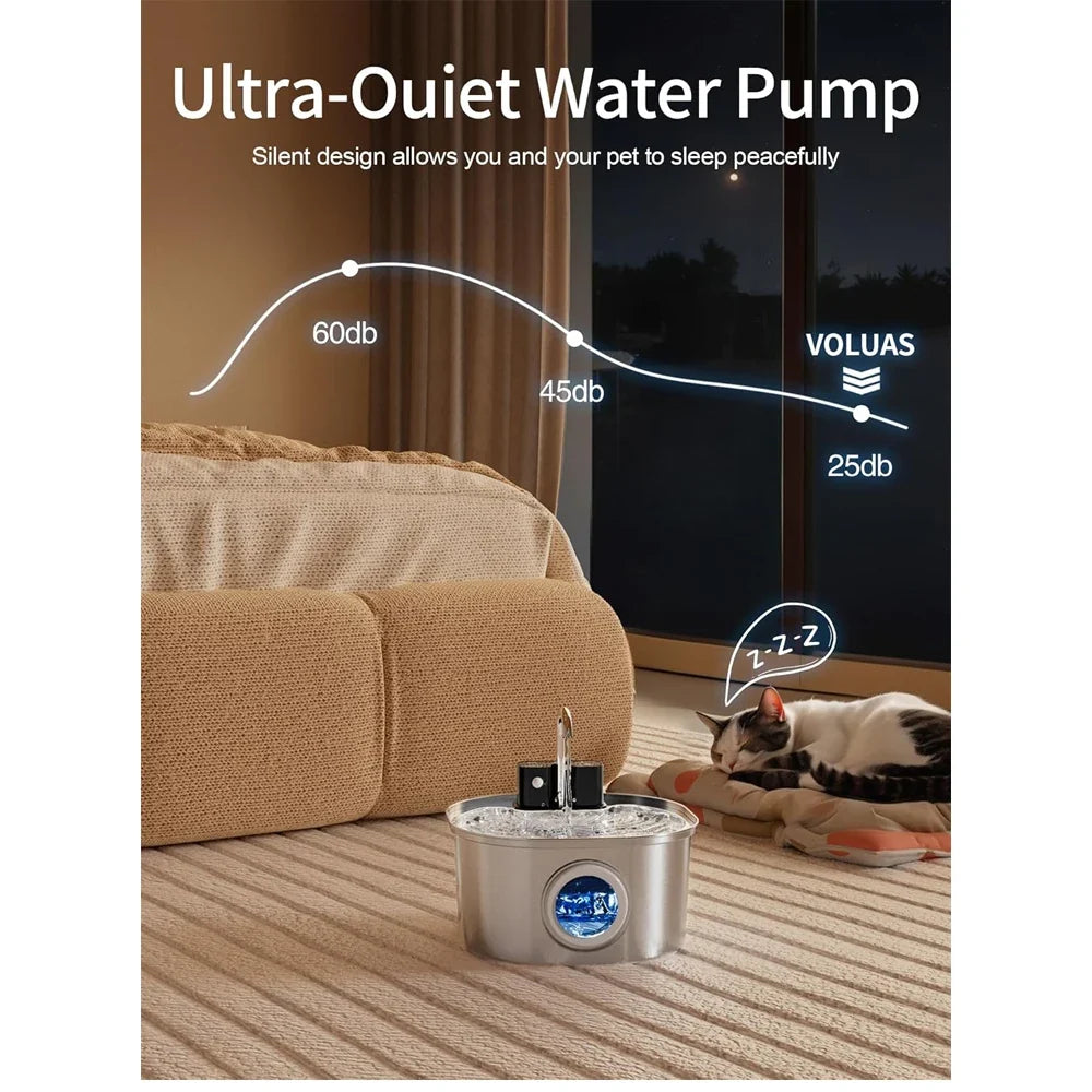 3.2L Wireless Smart Pet Water Fountain - Stainless Steel Automatic Dispenser with Visual Window