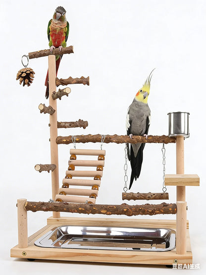 Natural Wood Parrot Climbing Frame with Swing, Ladder & Suspension Bridge