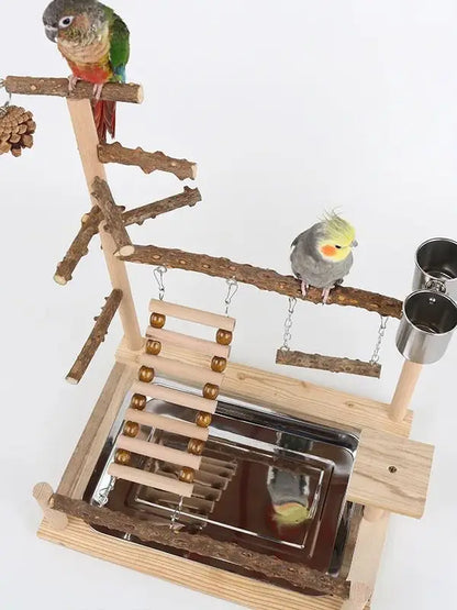 Natural Wood Parrot Climbing Frame with Swing, Ladder & Suspension Bridge