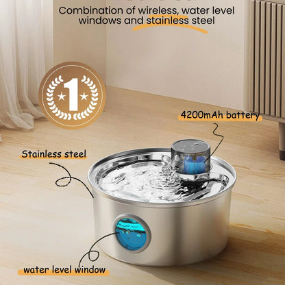 Wireless Motion Sensor Pet Water Fountain - Rechargeable Stainless Steel with Filter