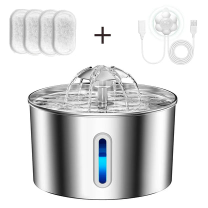 2.2L Stainless Steel Pet Water Fountain — Dual Outlet Mode & Flower Fountain Design