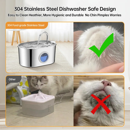 2.2L Stainless Steel Cat & Puppy Water Fountain — Water Level Window, Silent Pump & Filter