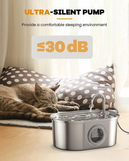 Premium Pet Water Fountain - 3.2L Stainless Steel with Silent Filter & Transparent Window