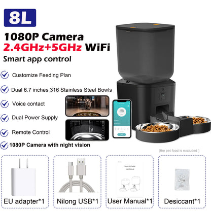 8L Smart Pet Feeder with 1080P Camera, Night Vision & Stainless Steel Bowl — 5G Wi-Fi & Tuya App