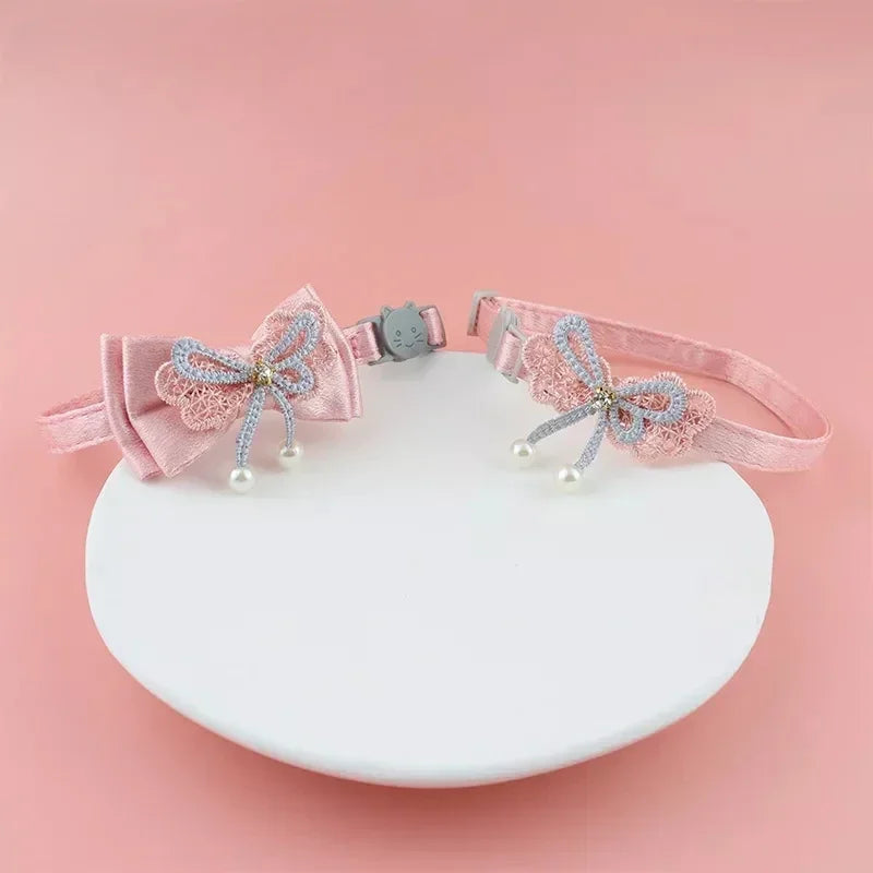 Pink Lace Bow Pet Collar with Bell for Cats and Small Dogs