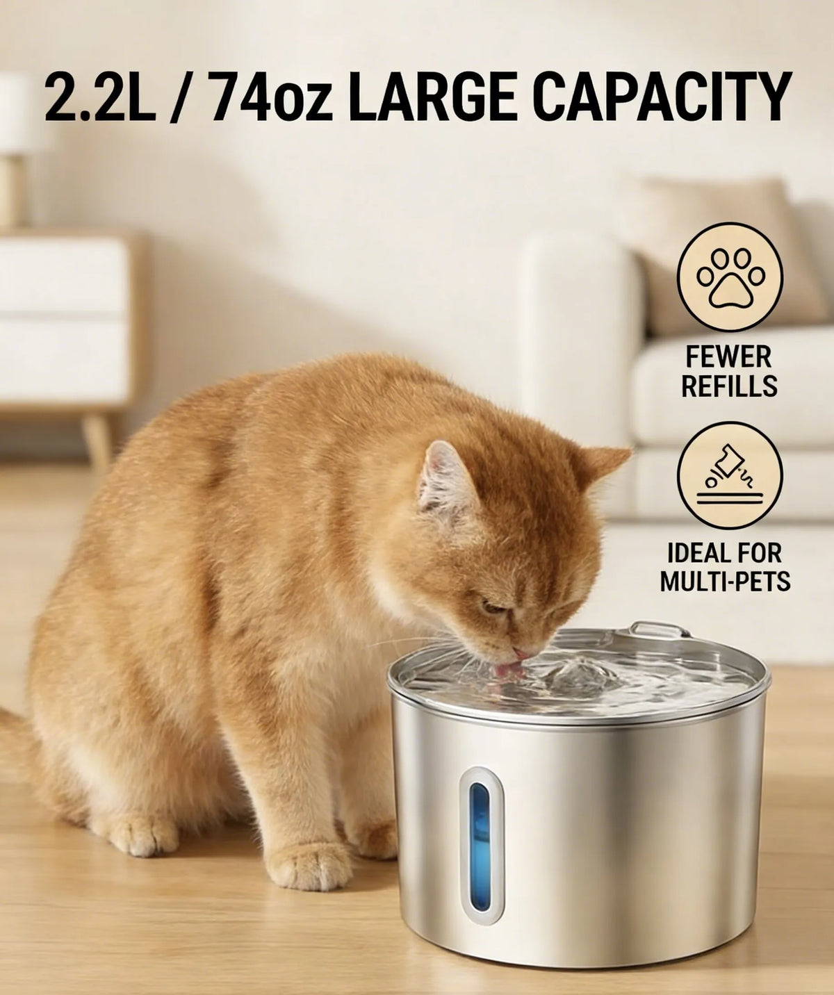 2.2L Stainless Steel Pet Water Fountain — Dual Outlet Mode & Flower Fountain Design