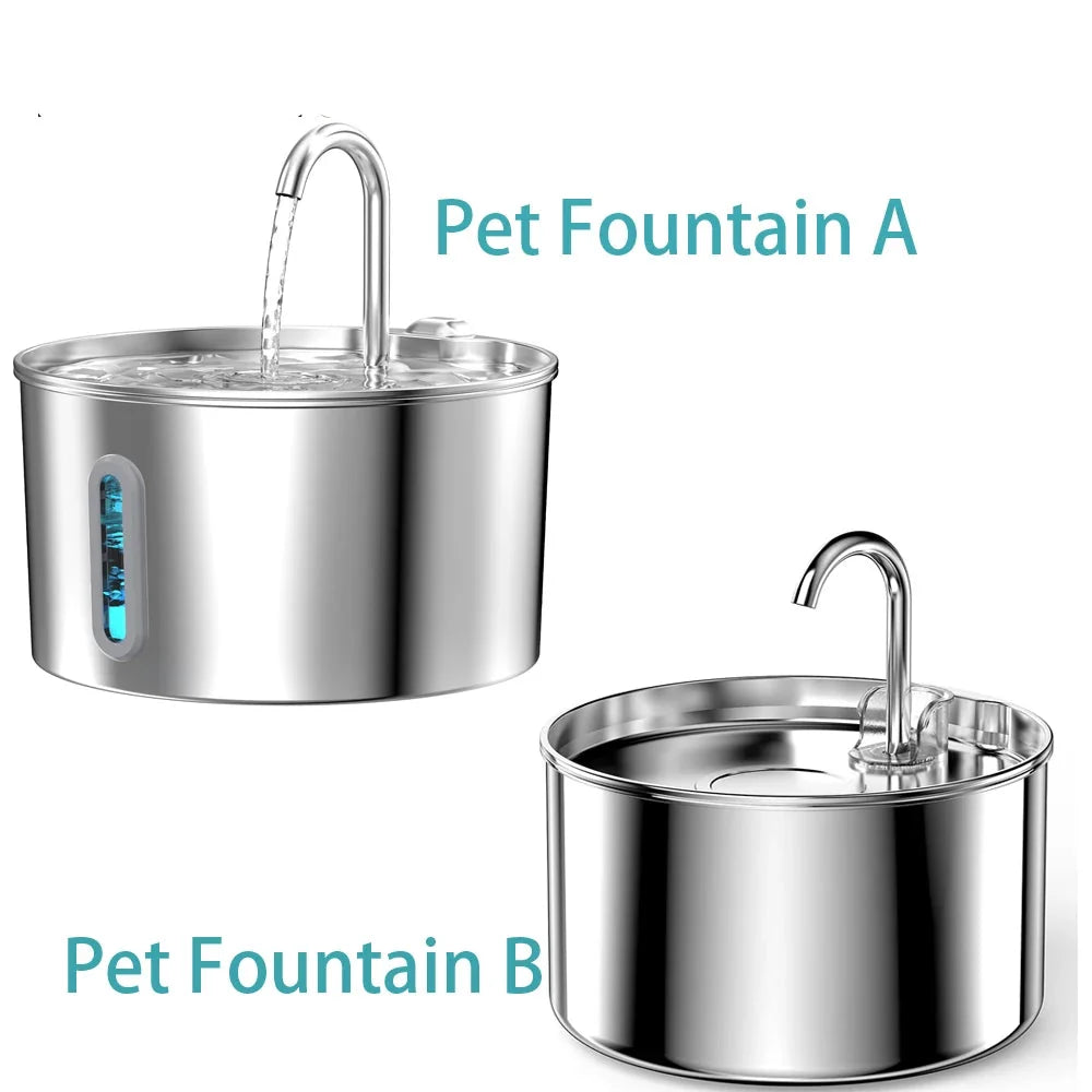 2.2L Stainless Steel Silent Pet Water Fountain — Dual Style with Filter & Sensor Options