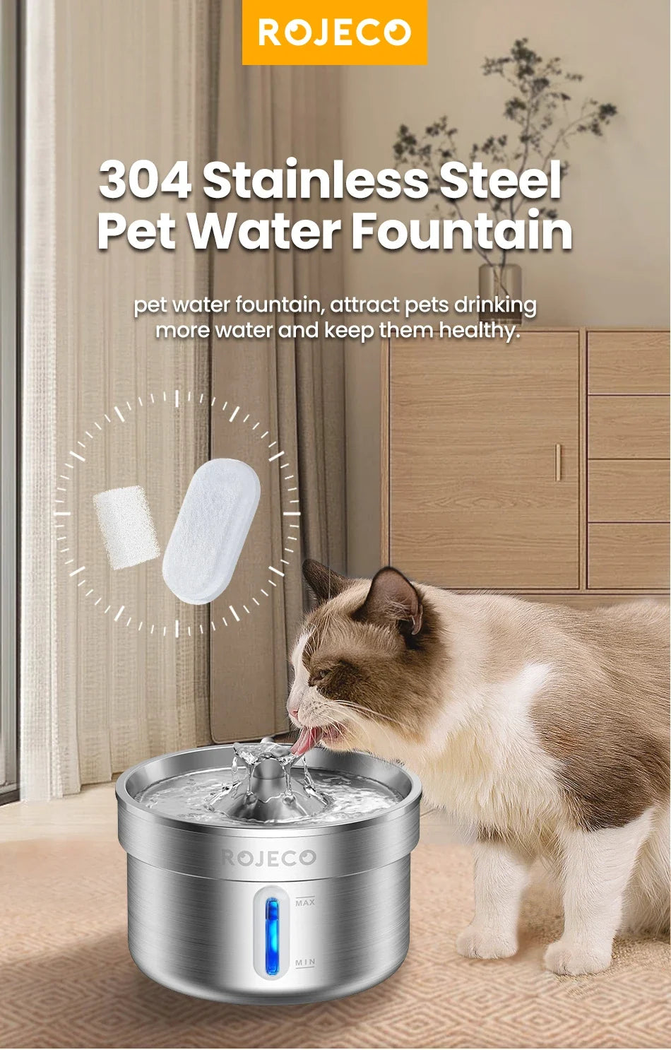 Water Fountain Replacement Filters - 2L Stainless Steel Pet Fountain Purifier